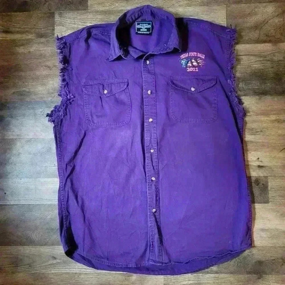 TX State Ralley 2011 Men's Motorcycle Denim Purple Sleeveless Buttondown Size L - Picture 4 of 9